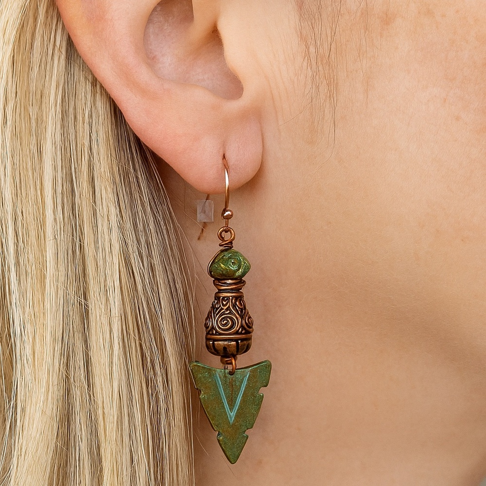 Arrowhead Dangle Earrings copper and brass with patina 2” new Artesian made
